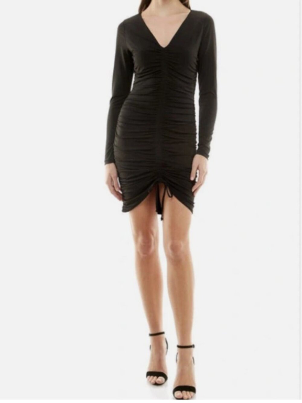 NWT Socialite V-Neck Long Sleeve Ruched Body Con Dress Size Medium Black